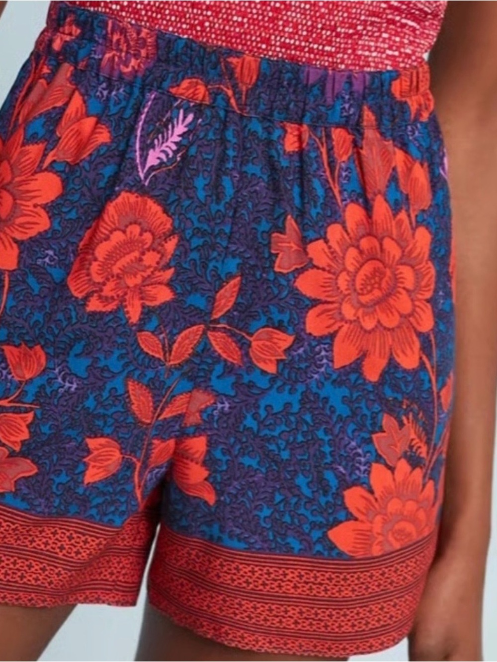 Anthropologie Floral Print Elastic-Waist Women's Shorts in Blue and Red